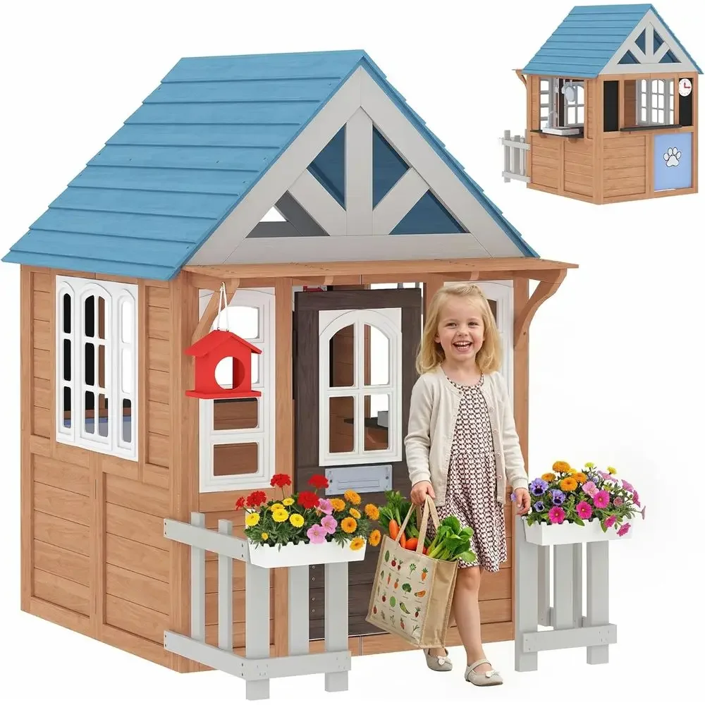 Kids Outdoor Wooden Playhouse - Qaba Buitenspeelhuis met deur voor huisdieren,