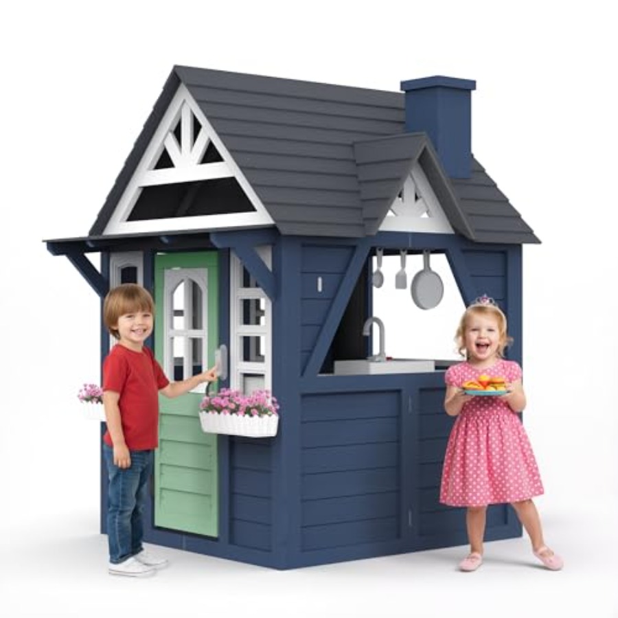 Kids Outdoor Wooden Playhouse - Buitenspeelhuis voor kinderen: houten, blauw, groot