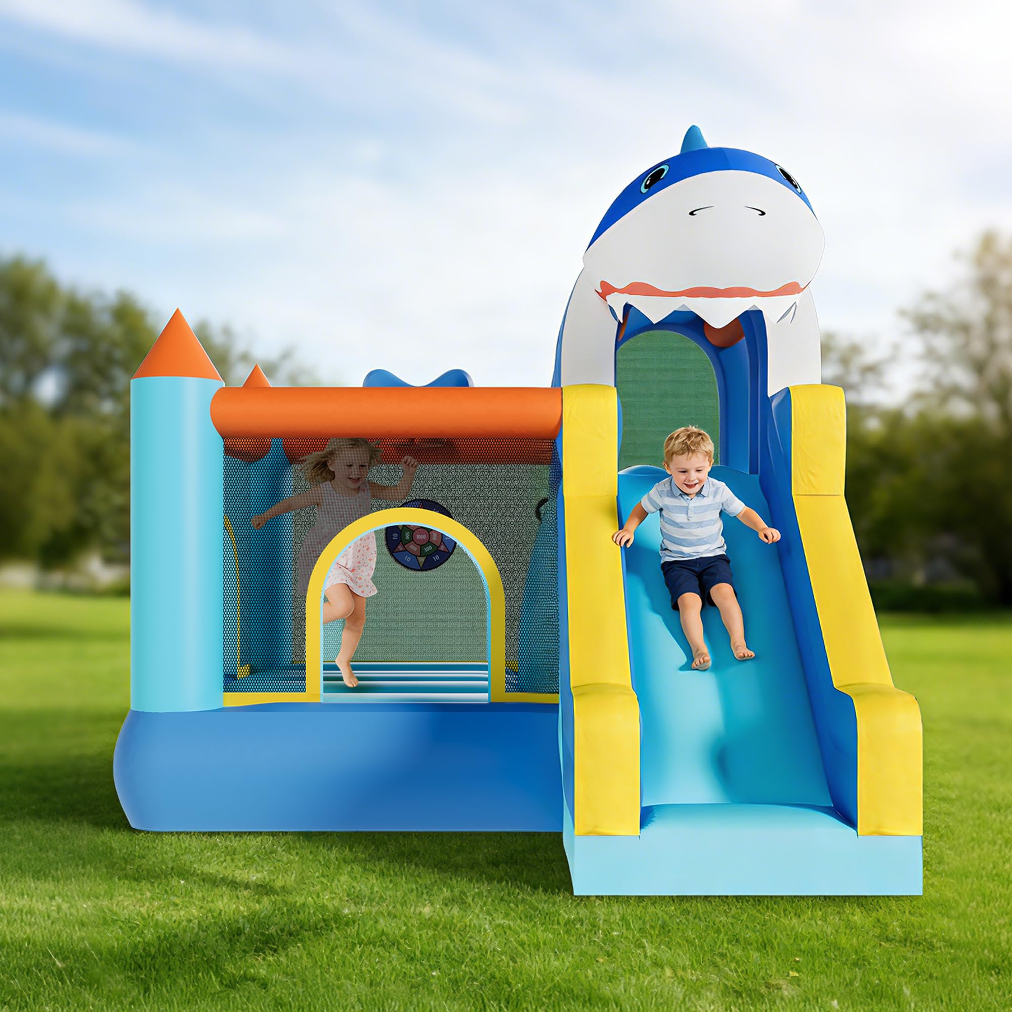 Kids Outdoor Wendy House - Opblaasbare springkasteel met glijbaan & blower,