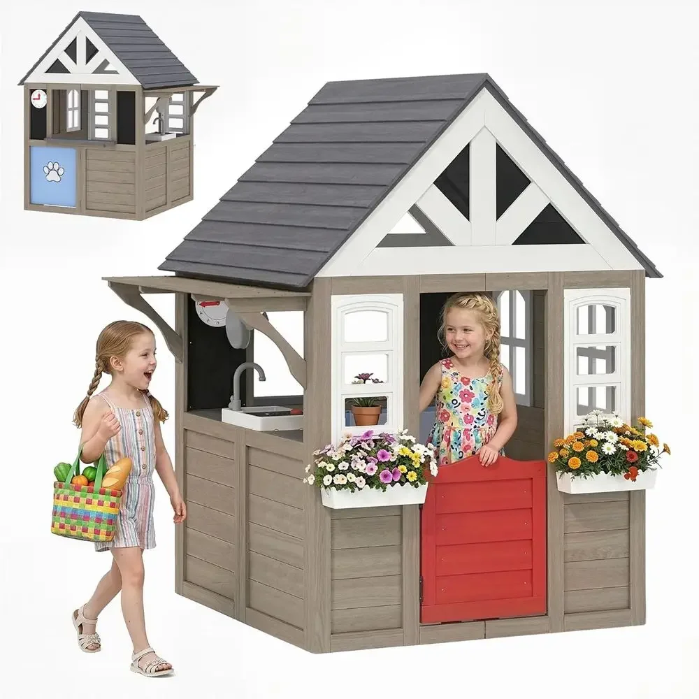 Kids Outdoor Wooden Playhouse - Qaba Buitenspeelhuis, Houten Kinderspeelhuis met Hondendeur,