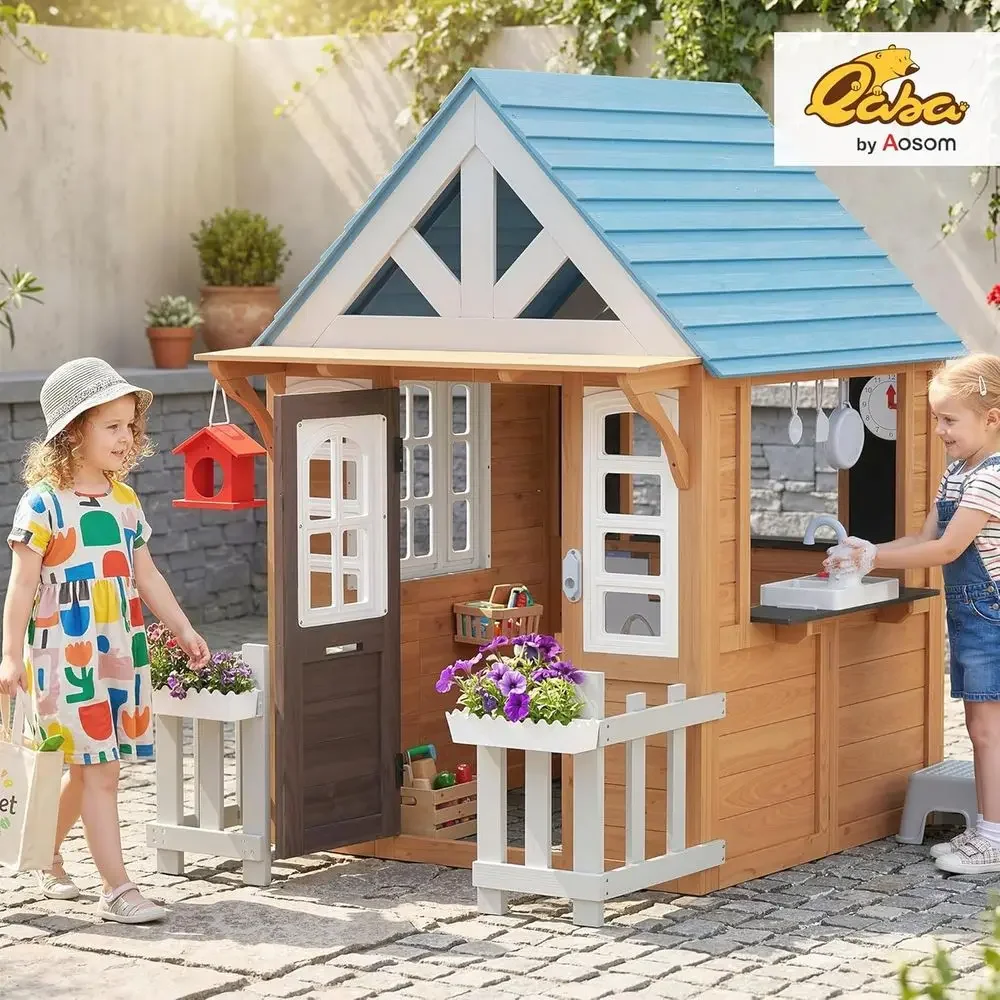 Qaba Buitenspeelhuis met deur  - Kids Outdoor Wooden Playhouse recensie en prijs